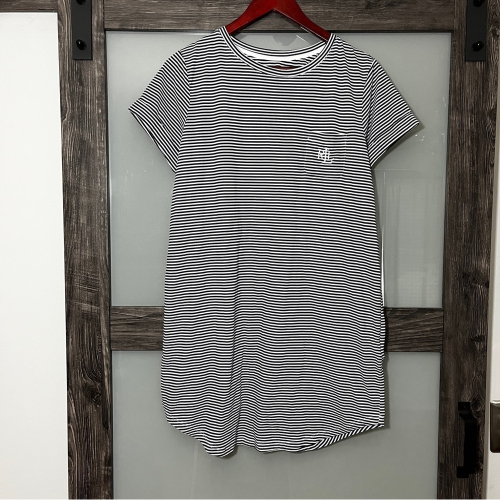 Lauren Ralph Lauren Navy and White Striped Shirt Dress Monogram Pocket Medium